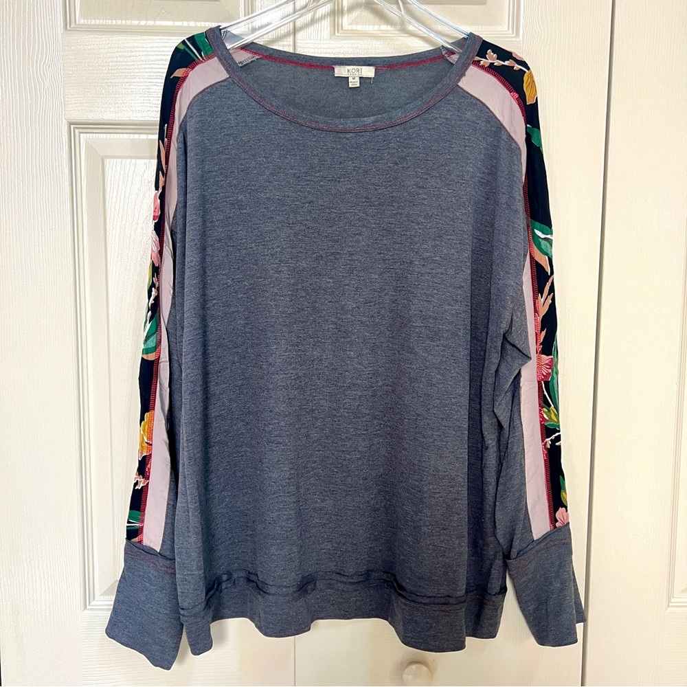 Kori America Long Sleeve Grey Top w/ Patterned Sleeves